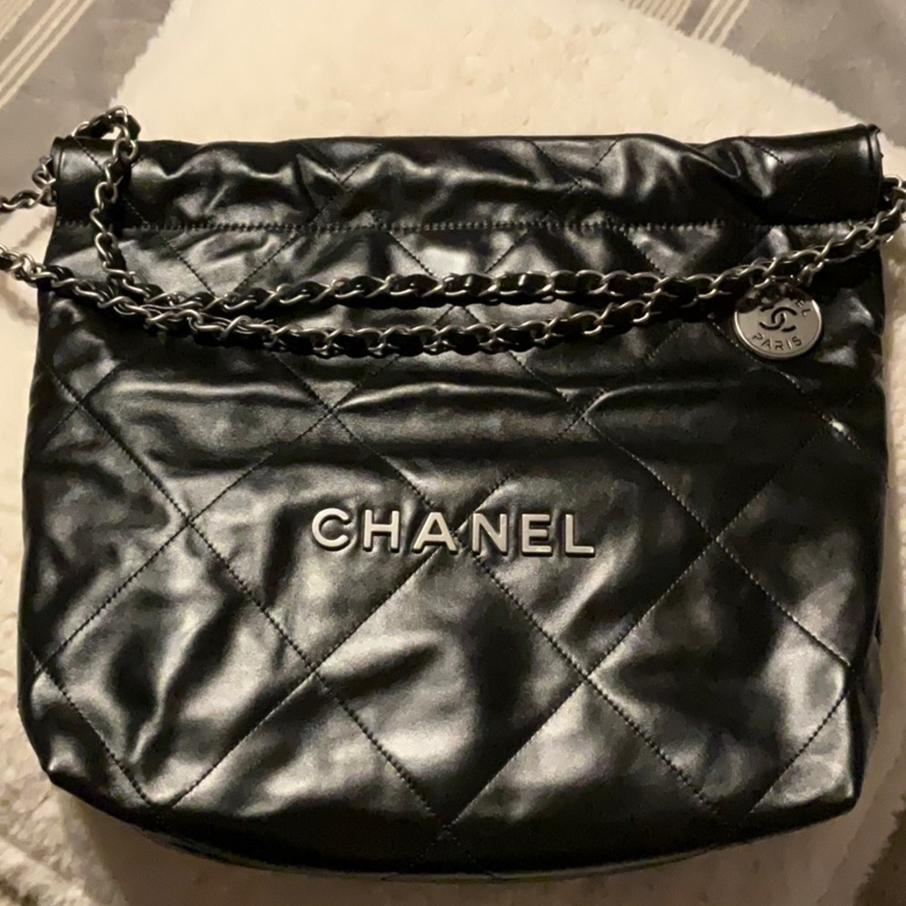 Chanel 22 Small Black Lambskin Silver Hardware Hobo Tote Bag